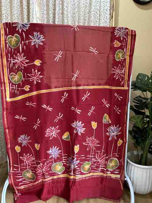 Rust Red Chanderi Batik Saree with Multicolor Prints
