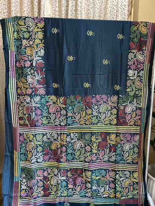 Midnight Blue Bangalore Silk Saree with Kantha Embroidery