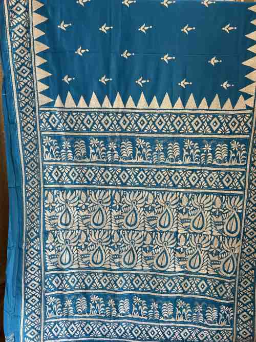 Sky Blue Bangalore Silk Saree with Kantha Embroidery