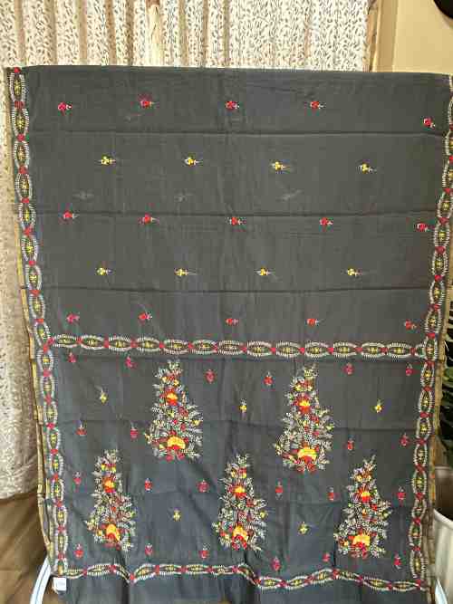 Charcoal Grey Cotton Saree with Phulkari Embroidery