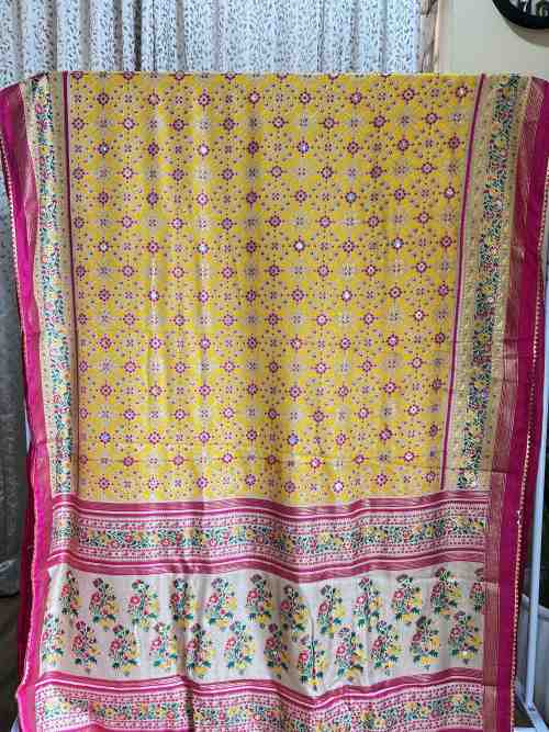 Mustard Yellow Fancy Silk Saree with Rani Pink Floral Work