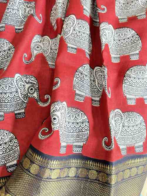 Rust Maheshwari Silk Saree with Elephant Motifs