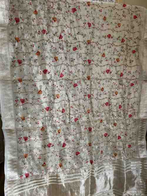 Off-White Semi-Tussar Kota Silk Saree with Floral Embroidery