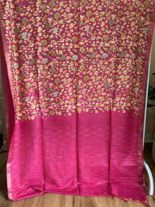 Pastel Pink Chanderi Silk Saree with Floral Print