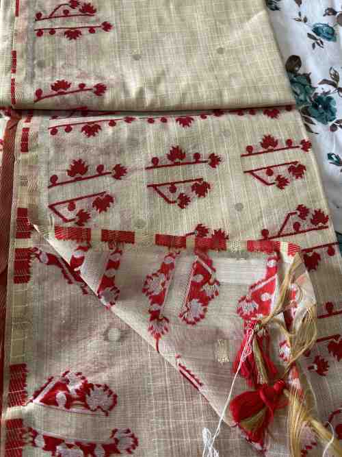 Ghee Semi-Tussar Saree with Red Jamdani Border Work