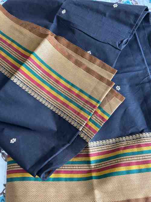 Black Kanchi Cotton Saree with Tricolor Border