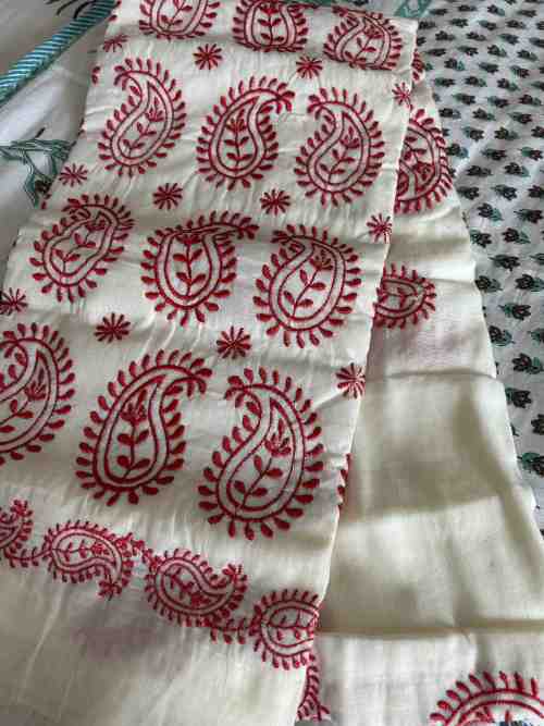 Off-White Cotton Saree with Red Kolka Embroidery