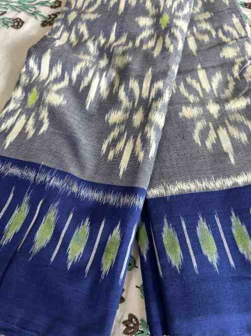 Grey Pochampally Ikat Cotton Saree with Blue Border